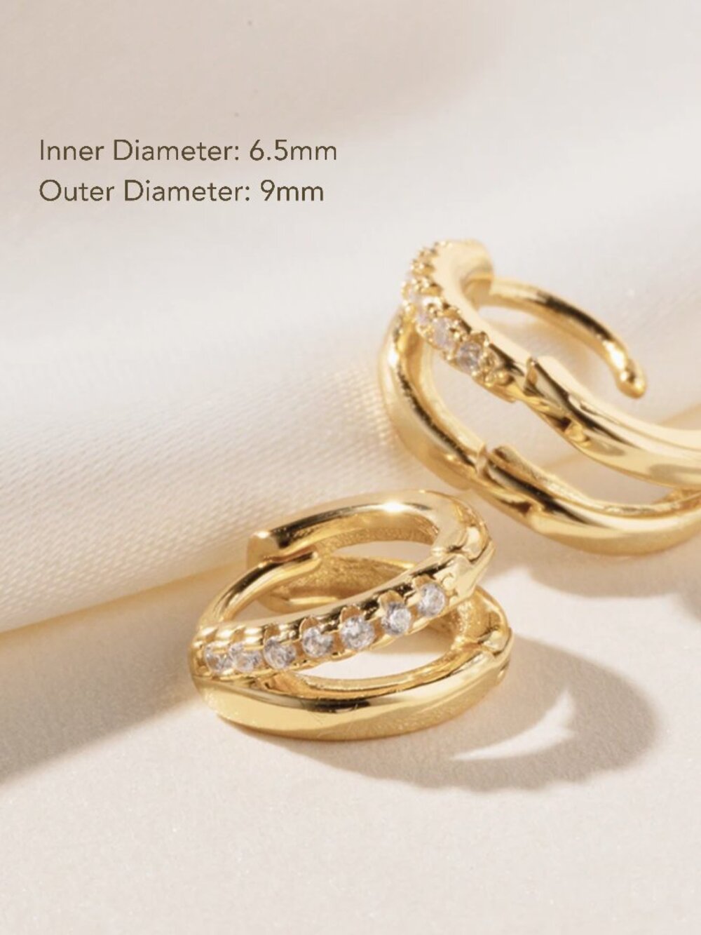 925 Sterling Silver 18K Gold CZ Double Band Huggie Earrings